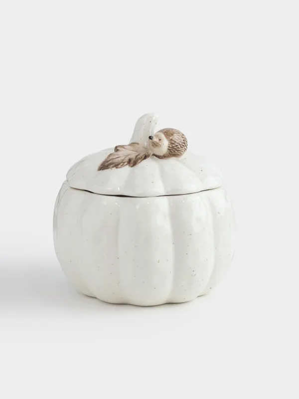 Емкость для хранения, 15х15 см, 970 мл, керамика, молочная, в крапинку, Еж на тыкве, Slight frost, image-0