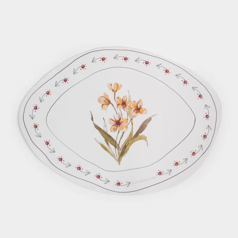 Салфетка под приборы, 32x44 см, ПВХ, фигурная, белая, Желтые цветы, Rock print