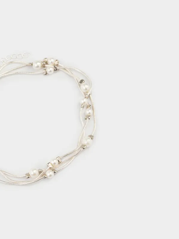 Браслет, 18 см, тройной, металл/пластик, серебристый, Бусины, Pearl, image-1