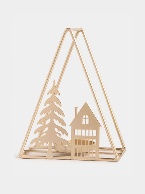 Подсвечник, 13х16 см, для чайной свечи, металл/стекло, шампань, Елка и домик, Champagne style, image-1