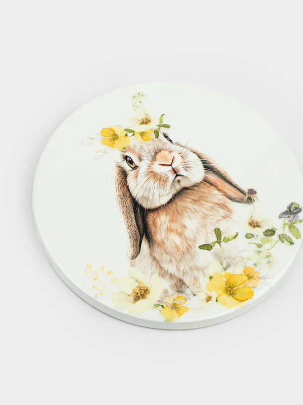 Подставка под кружку, 11 см, круглая, керамика/пробка, белая, Кролик в цветах, Natural Easter, image-2