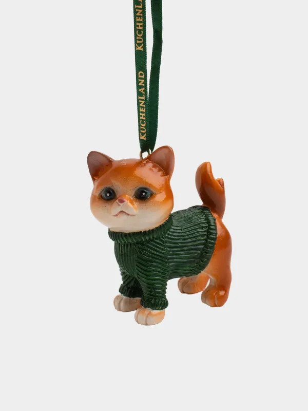 Игрушка елочная, 7 см, полирезин, коричнево-зеленая, Кот в свитере, Figure christmas, image-0