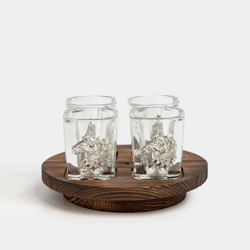 Стопка для водки, 60 мл, 4 шт, на подставке, стекло/металл/дерево, Конь, Lux elements decor