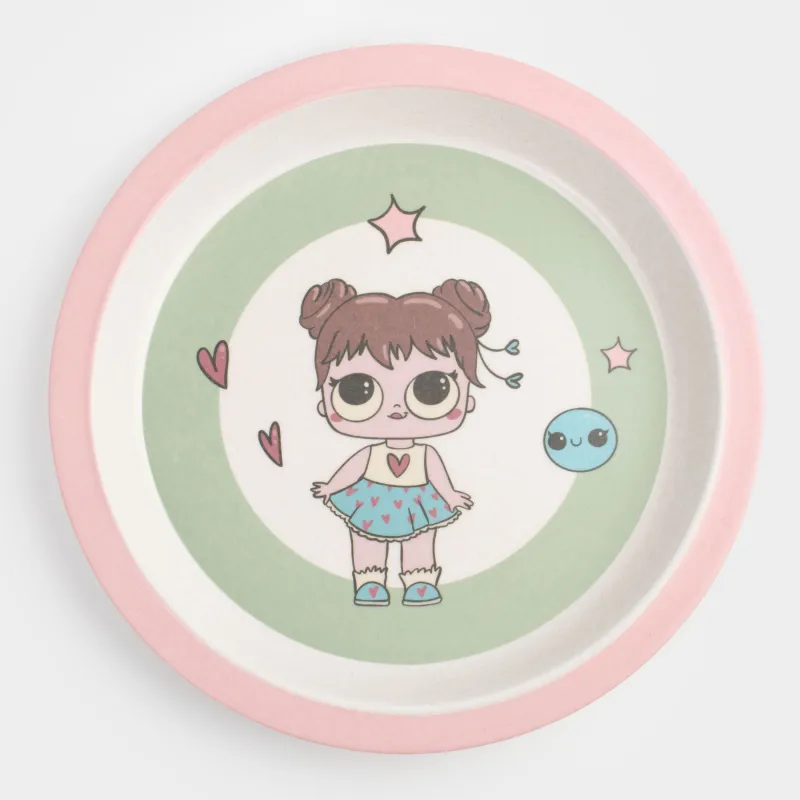 Тарелка закусочная, детская, 21 см, бамбук, розово-зеленая, Девочка в платье, Sweet loli