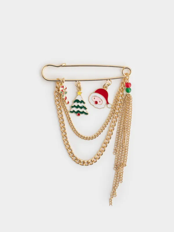 Брошь, 7 см, металл, золотистая, Дед мороз и елка, Jewelry christmas, image-0