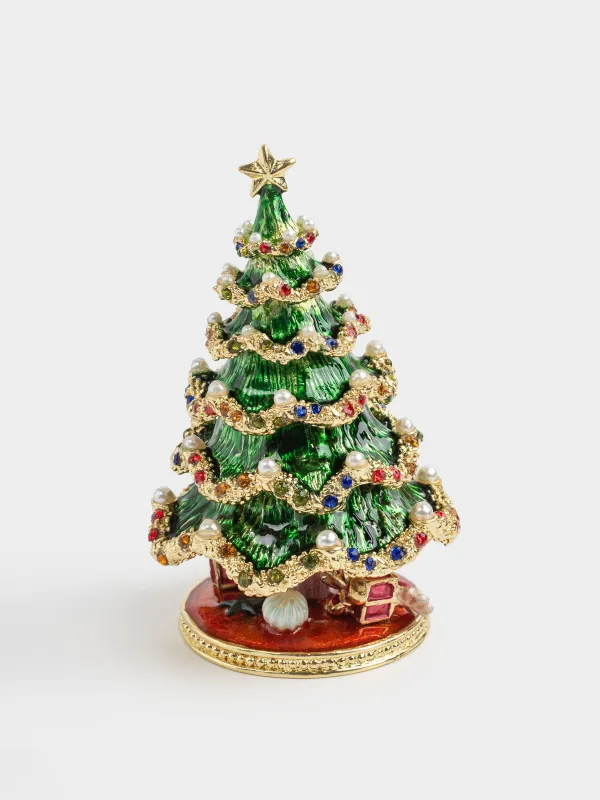 Шкатулка, 6x10 см, металл, зеленая, Елка со звездой, Christmas style, image-0