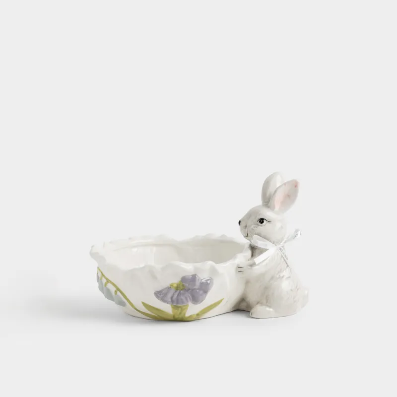 Конфетница, 20х13 см, керамика D, молочно-серая, Кролик с цветами, Easter