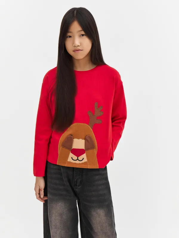 Лонгслив детский, хлопок, красный, Олень, Amelia, image-1