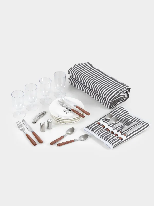 Корзина для пикника, 42х30 см, 4 перс, 25 пр, с пледом, лоза, овальная, коричневая, Picnic, image-8