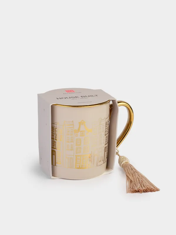 Кружка, 300 мл, с кисточкой, фарфор N, бежево-золотистая, Город, House built, image-4