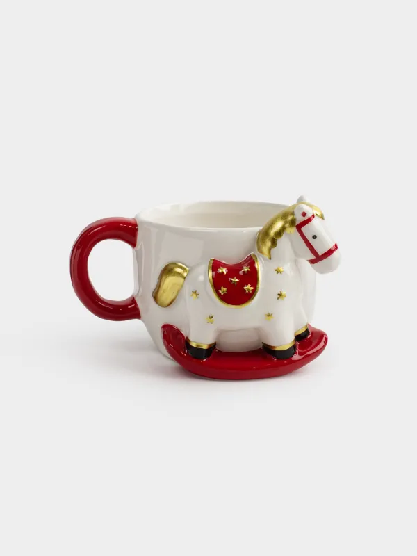 Кружка, 390 мл, керамика, молочно-красная, Лошадка-качалка, Horse cute, image-0