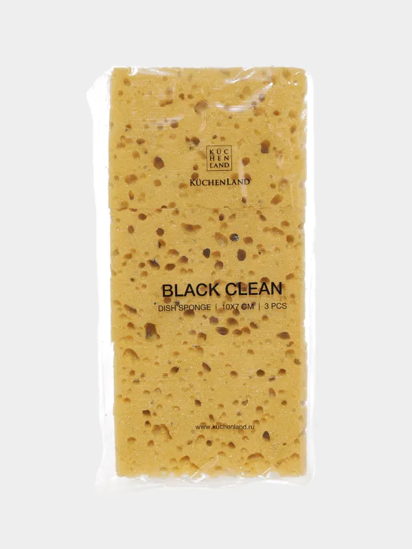 Губка для мытья посуды, 10x7 см, 3 шт, поролон/абразив, черно-желтая, Black clean, image-3