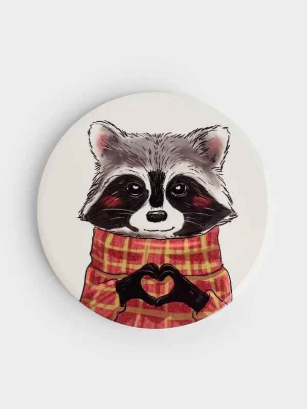 Подставка под кружку, 11 см, круглая, керамика/пробка, белая, Енот, Raccoon, image-0