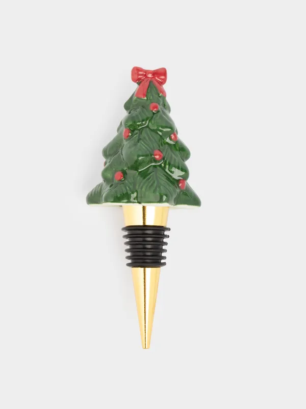 Пробка для винной бутылки, 12 см, металл/керамика, зеленая, Ель с бантом, Christmas traditions, image-0