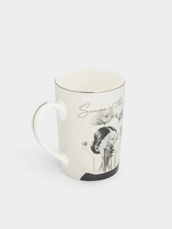 Кружка, 450 мл, фарфор F, белая, с серебристым кантом, Девушка с цветами, Girls garden, image-1