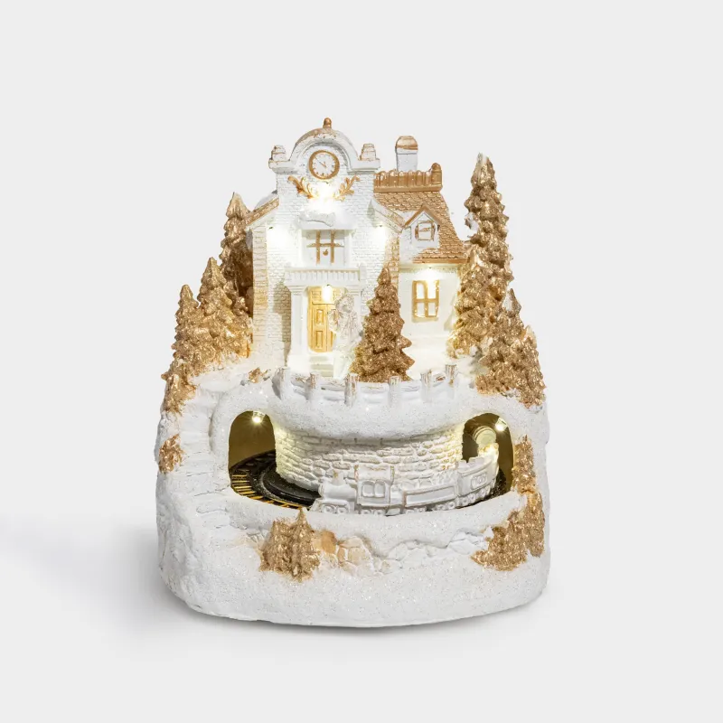 Статуэтка с подсветкой, 18х20 см, анимированная, полирезин, шампань, Поезд, Christmas style