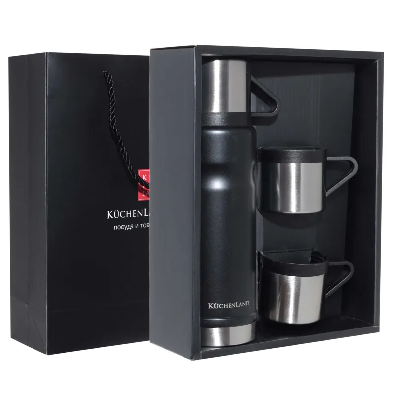 Набор для напитков, 3 перс, 4 пр, дорожный, термос 650 мл, сталь/пластик, черный, Electrum, image-0