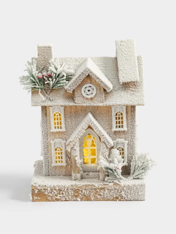 Статуэтка с подсветкой, 25х34 см, дерево, Заснеженный дом, Touch winter, image-0
