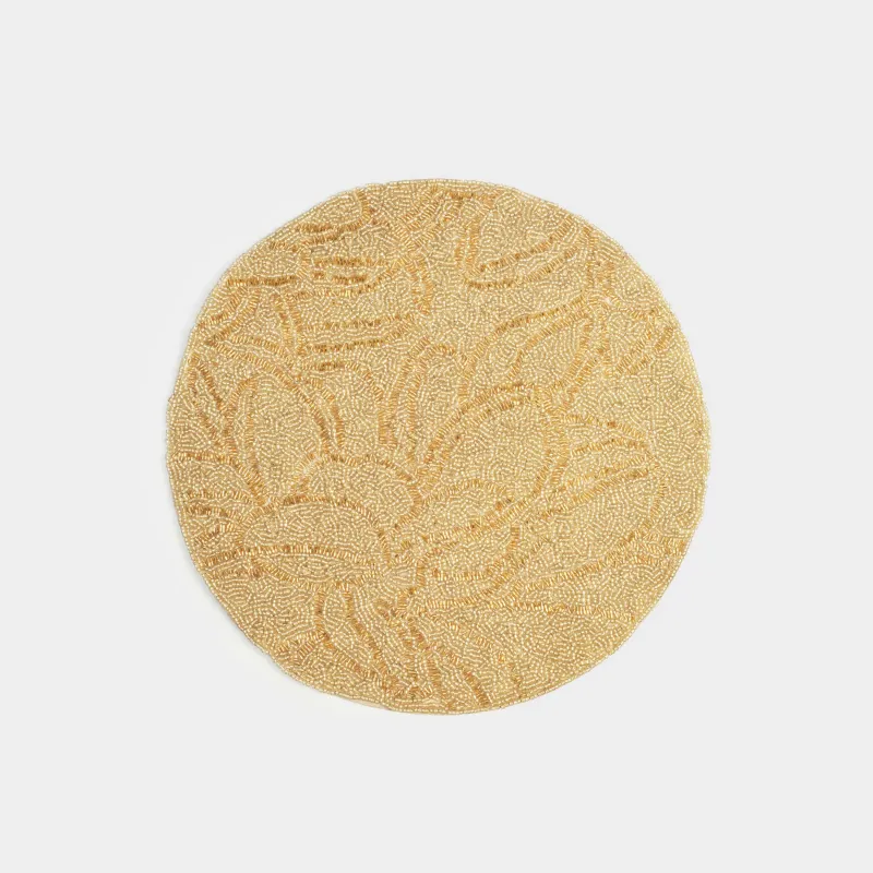 Салфетка под приборы, 36 см, бисер, круглая, шампань, Листья, Art beads