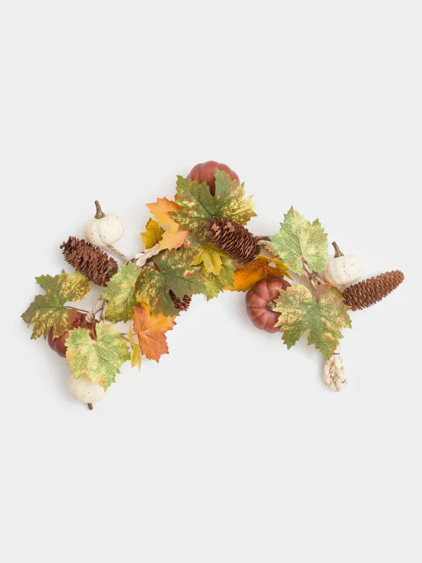 Ветка-гирлянда декоративная, 60 см, пенопласт/полиэстер, Тыквы с шишками, Autumn fusion, image-0
