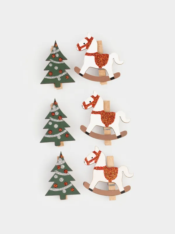 Клипса декоративная, 5 см, 6 шт, дерево, с блестками, белая/зеленая, Лошадь/Елка, Figure wood, image-0