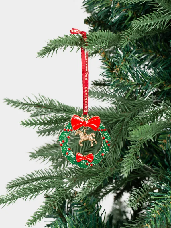 Игрушка елочная, 6 см, металл/стразы, зелено-красная, Венок и конь, Figure christmas, image-3