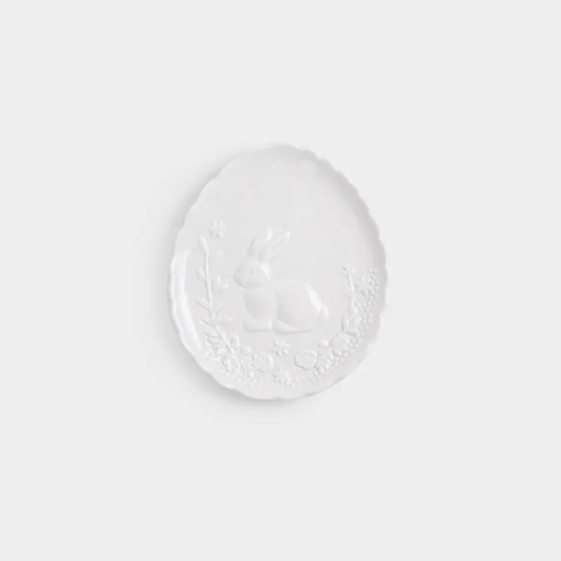 Блюдо, 20х18 см, керамика D, молочное, Яйцо, Кролик с цветами, Rabbit pattern