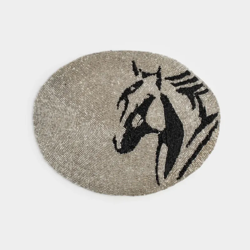 Салфетка под приборы, 30х40 см, бисер, овальная, серебристая, Лошадь, Art beads