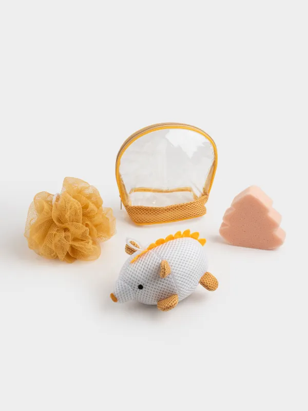 Набор для душа, 3 пр, детский, в косметичке, полиэстер, бежевый, Ежик, Friend spa, image-0