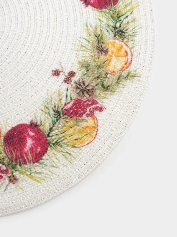 Салфетка под приборы, 38 см, полиэстер, круглая, белая, Гранаты и апельсины, Rotary print, image-3