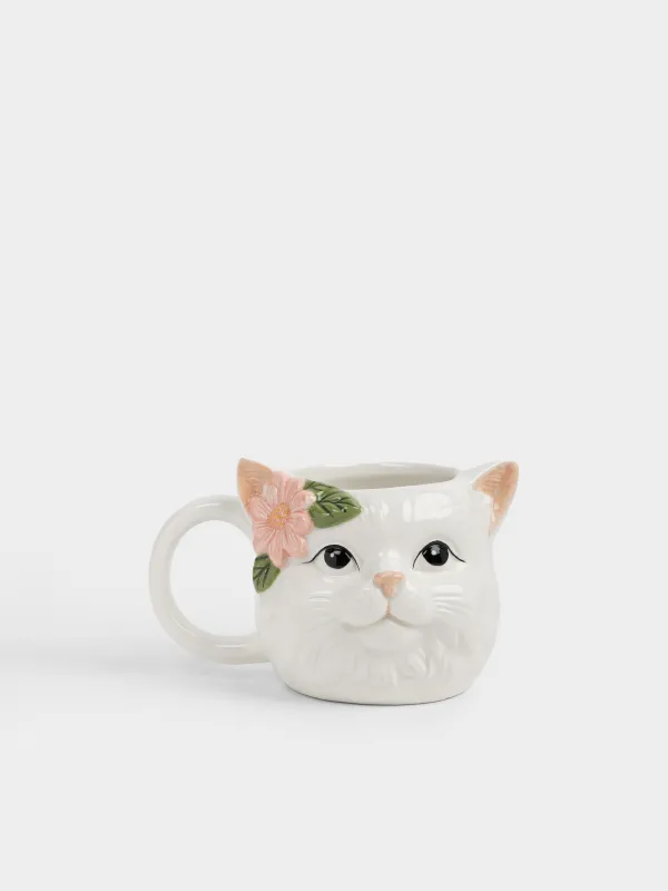 Кружка, 440 мл, керамика D, молочная, Кошка с цветком, Cat, image-0