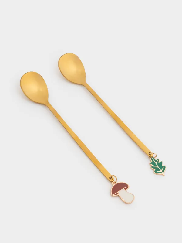 Ложка десертная, 15 см, 2 шт, сталь, золотистая, Гриб/Лист, Forest symphony, image-0