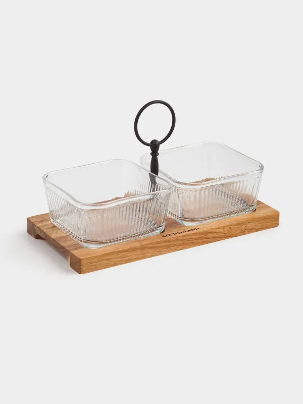 Набор для закусок, 2 пр, на подставке, с ручкой, стекло/дерево, черный, Noble tree, image-0