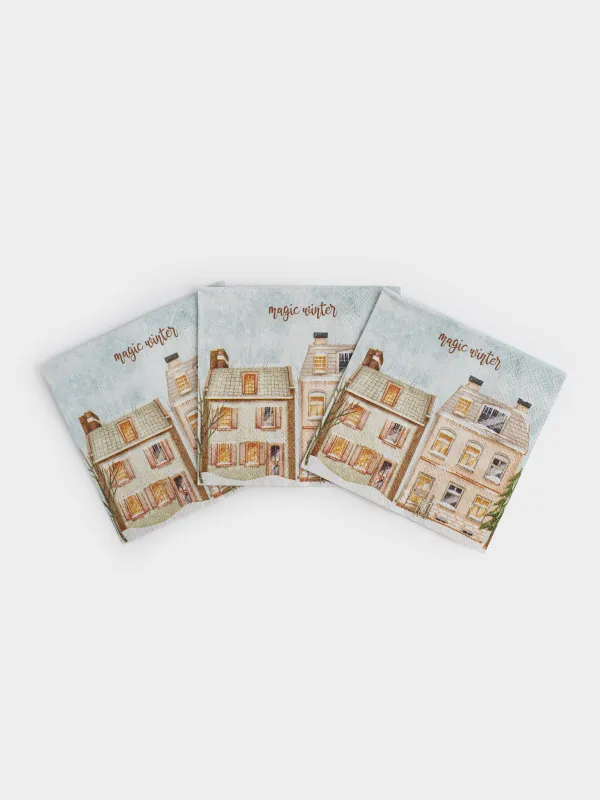 Салфетки бумажные, 21х21 см, 20 шт, квадратные, бежево-голубые, Дома, House built, image-2