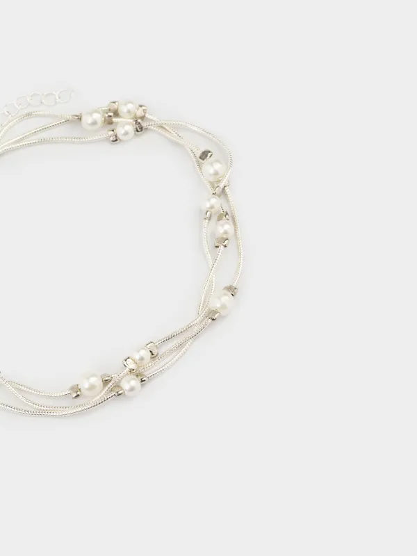 Браслет, 18 см, тройной, металл/пластик, серебристый, Бусины, Pearl, image-2