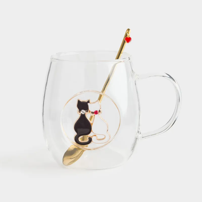 Кружка, 470 мл, с ложкой, стекло Б/металл, Коты, Lux elements, image-0
