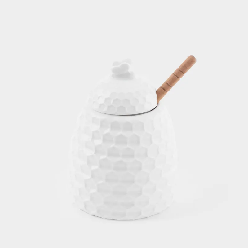 Банка для меда, 400 мл, с ложкой, фарфор P/бамбук, Соты, Honey