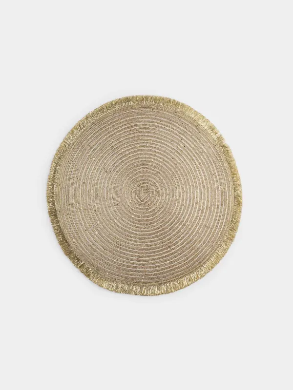 Салфетка под приборы, 38 см, с бахромой и пайетками, полиэстер, круглая, золотистая, Rotary shine, image-0