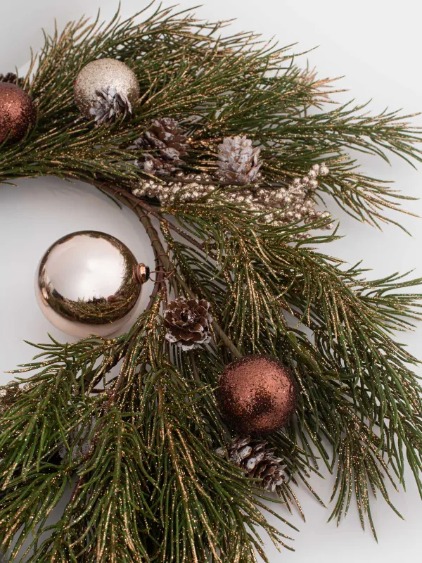 Венок рождественский, 50 см, Хвоя и шары, Conifer champagne, image-2