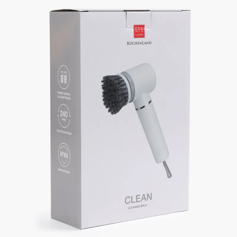 Щетка для уборки, 19 см, 2 насадки, электрическая, пластик, серо-белая, Clean, image-4