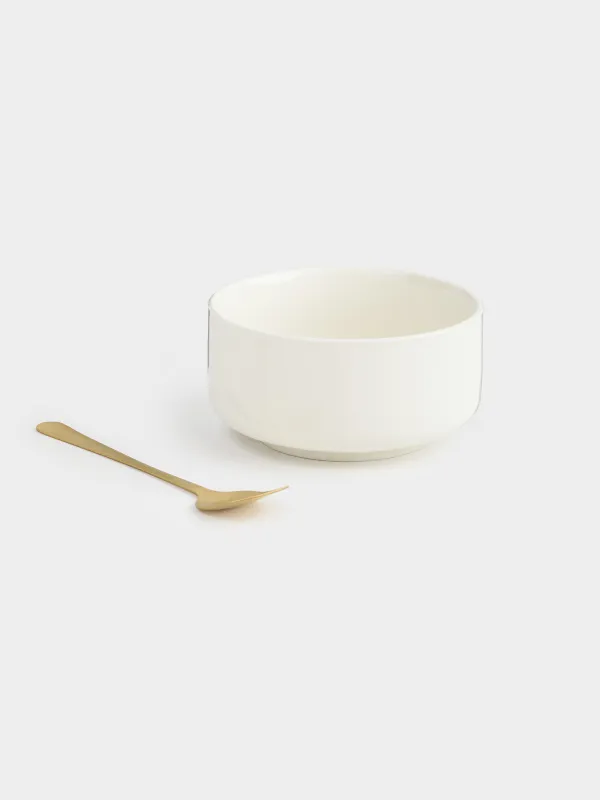 Пиала, 10х5 см, с ложкой, керамика/сталь, молочная/золотистая, Chalet gold, image-5