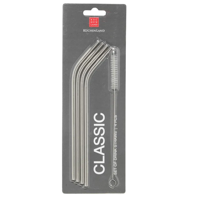 Трубочка для напитков, 21 см, 4 шт, с ершиком, сталь, серебристая, Classic, image-1