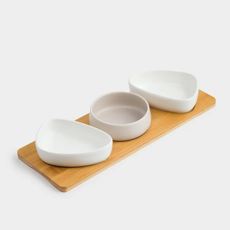 Набор для закусок, 3 пр, на подставке, керамика/бамбук, молочный, Bamboo