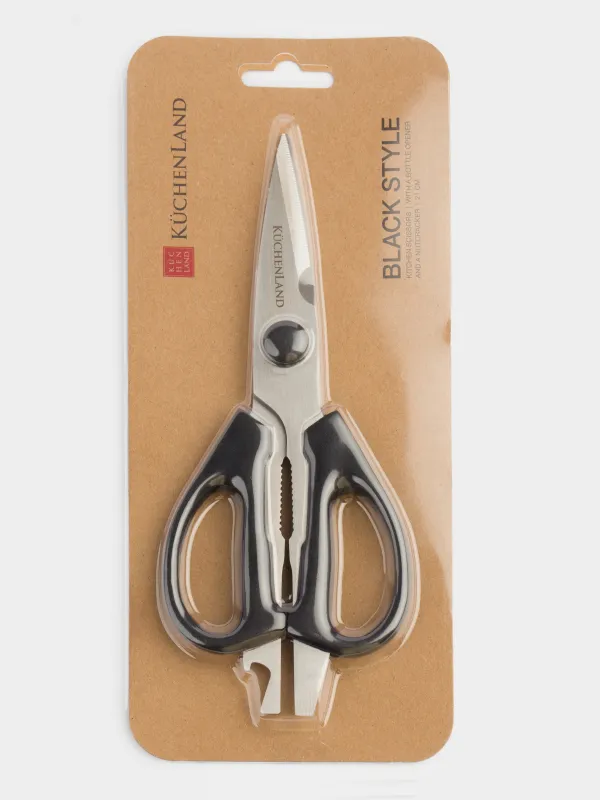 Ножницы кухонные, 21 см, с открывалкой и орехоколом, сталь/пластик, черные, Black style, image-4