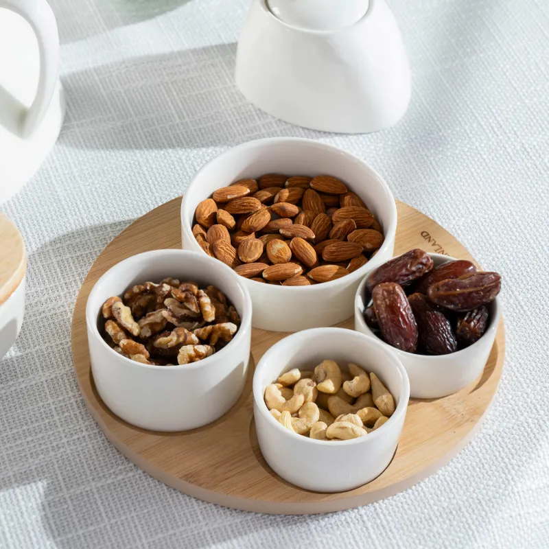 Набор для закусок, 4 пр, на подставке, керамика/бамбук, белый, Круглые пиалы, Bamboo, image-4