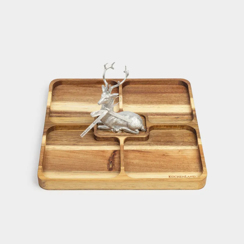 Менажница, с декором, 25х25 см, 4 отд, дерево/полирезин, Олень, Noble tree