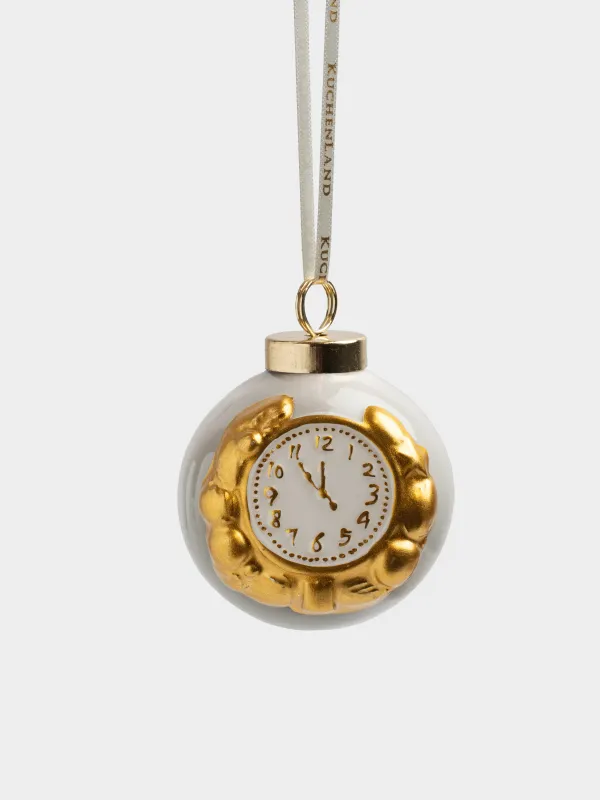 Игрушка елочная, 6 см, керамика D, бело-золотистая, Шар, Часы, Ball christmas, image-0