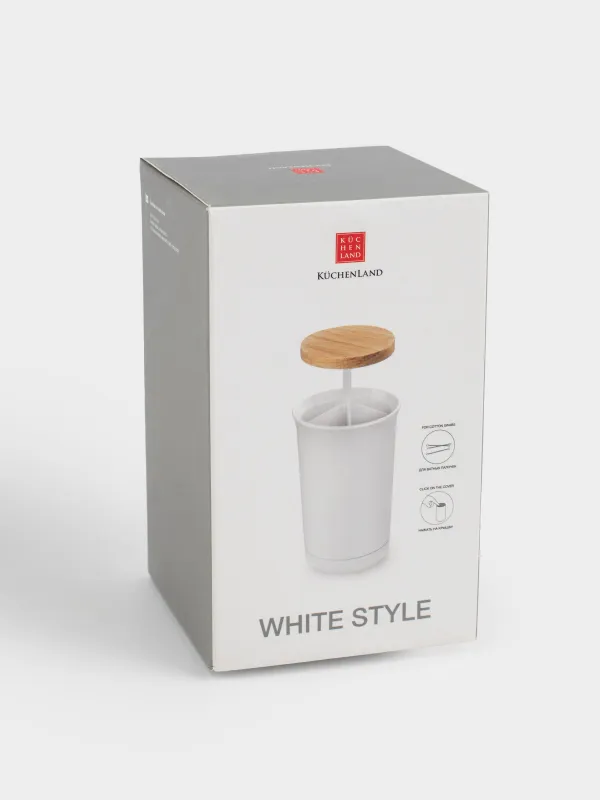 Контейнер для ватных палочек, 12 см, пластик/дерево, белый, White style, image-4