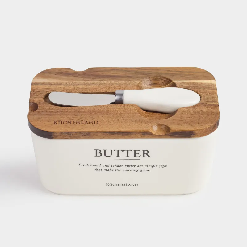 Масленка, 16 см, с ножом, керамика/дерево, прямоугольная, молочная, Course, image-2