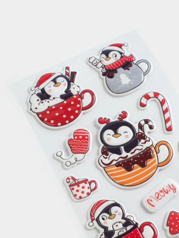 Набор наклеек, 10х16 см, многоразовые, ПВХ, Новогодний пингвин, Christmas decal, image-2